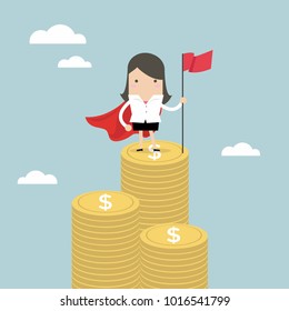 Businesswoman with winners flag standing on money coin. vector