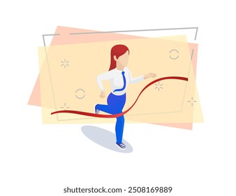 Businesswoman winning competition vector illustration. Faceless woman in blouse and tie crossing finish line. Business, achievement, result concept. Infographic with abstract background