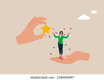 Businesswoman, winning confidence, standing on big hand getting star reward. Employee success recognition, encourage and motivate best performance.