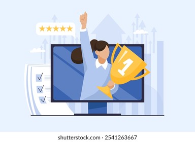 Empresária com taça vencedora na tela do monitor, conceito de sucesso e vitória, concurso online remoto, exames, competição. Ilustração de vetor plano.