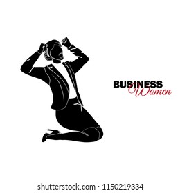 Businesswoman. Woman in business suit. Businesswoman on his knees screams from grief