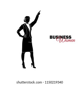 Businesswoman. Woman in business suit. Businesswoman shows his hand up