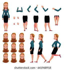 Businesswoman, woman character creation set with different poses, gestures, faces, cartoon vector illustration on white background. Businesswoman creation set, constructor, changeable face, legs, arms