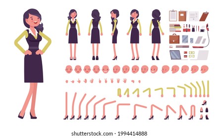 Businesswoman, woman in formal workwear, office outfit construction set. Manager, young attractive entrepreneur executive, or owner. Cartoon flat style infographic illustration, different emotions