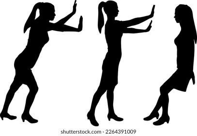 A businesswoman or woman worker pushes an object and exerts physical effort. Effort business concept. Set of vector silhouettes