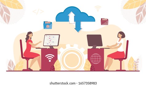 Businesswoman Work In Cloud Software On Computer. SaaS Concept. Global Database Subscription Access. Internet Connection. Remote Management. Worldwide Business. On-Demand Service. Vector Illustration