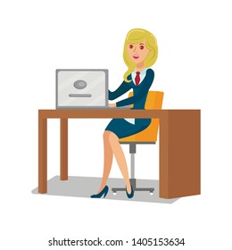 Businesswoman at Work Flat Vector Illustration. Young Secretary in Formal Clothes Cartoon Character. Cheerful Freelancer Working with Laptop, Professional Freelance. Female Entrepreneur Workplace