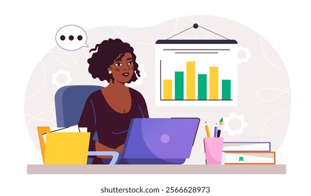 Businesswoman work with graphs. Woman with laptop sitting near charts. Analyst conducts marketing research. Financial literacy, accounting and budgeting. Flat vector illustration