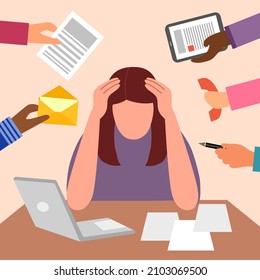 Businesswoman work hard and busy at office in flat design. Company employee working overtime with stress.