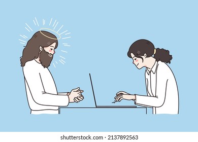 Mujer empresaria trabajando en computadora, Jesucristo se sienta delante esperando a que el salvador ayude. Padre señor mira a la mujer usando un guarda portátil o comparte amor y cuidado. Fe y religión. Ilustración vectorial. 