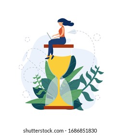 Businesswoman work on the hourglass relaxed and concentrated. Business concept of time management and workaholic meeting deadline. Vector illustration.