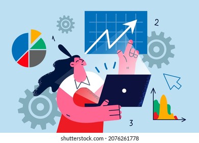 Businesswoman work on laptop analyze financial graphs trader on stock exchange market online. Woman employee freelancer multitask on computer with financial schemes. Flat vector illustration. 