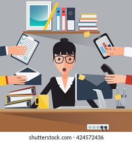 Businesswoman at Work. Shocked Multitasking Woman. Business Lady. Secretary with Computer. Vector illustration