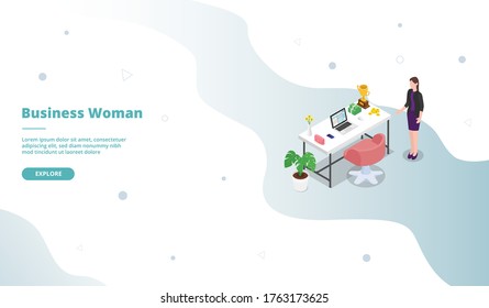 Businesswoman with work tools and workspace table and desk campaign for web website template landing home homepage page with isometric 3d modern flat cartoon style vector