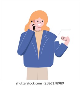 Businesswoman worker is calling colleague. Assistant is calling her boss while looking at schedule. Flat design vector illustration isolated on white background