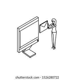 businesswoman worker with computer and envelopes vector illustration design