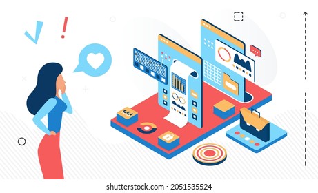 Businesswoman working with abstract statistic dashboard to analyze data chart isometric vector illustration. Cartoon 3d database software analyzing technology isolated on white background