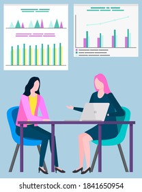 Businesswoman working with boss vector, ladies thinking on stats and information. Infocharts and analysis, analytics for business company projects