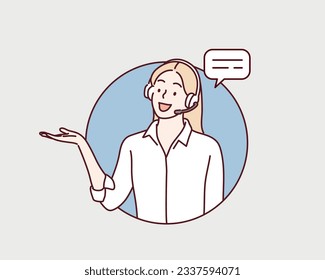 Businesswoman working in call center. Hand drawn style vector design illustrations.