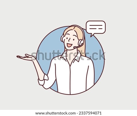 Businesswoman working in call center. Hand drawn style vector design illustrations.