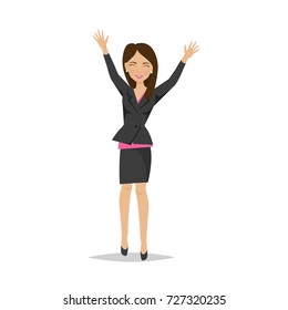 Businesswoman working cartoon character person in office work situations. Beautiful girl in office clothes, office worker, woman in strict work clothes, happy with success. Vector illustration.