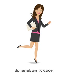 Businesswoman working cartoon character person in office work situations. Young girl office worker office clothes, with documents in hands, woman in hurry, running, late on work. Vector illustration.