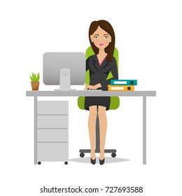 Businesswoman working cartoon character person in office work situations. Girl of an office worker rejoices in success, woman behind desk on office table, among working subjects. Vector illustration.