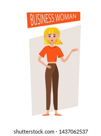 Businesswoman working character design set. The girl shows her hand and forefinger. Vector illustration