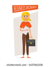 Businesswoman working character design set. The girl holds a briefcase and a folder. Vector illustration