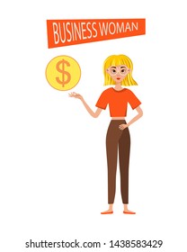 Businesswoman working character design set. The girl points to the dollar icon. Vector illustration