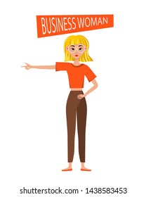 Businesswoman working character design set. The girl shows her hand and forefinger. Vector illustration