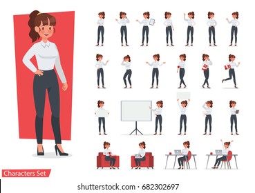 Businesswoman working character design set. Vector design. - Shutterstock ID 682302697