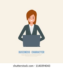 businesswoman working character with laptop computer on desk. freelance job concept.