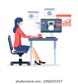 Businesswoman working with chatbot assistant on computer. Artificial intelligence help service for management business data. Chat bot by ai. Vector illustration flat design for banner, and background.