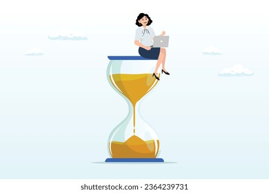 Businesswoman working with computer laptop on time passing sandglass, working with time count down, project deadline or time management, urgent work, productivity or work efficiency (Vector)