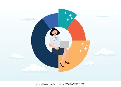 Geschäftsfrau arbeitet mit Computer-Laptop auf Tortendiagramm, Investment Tortendiagramm Asset Allocation für Diversifizierung, finanzielle prozentuale Verteilung, Budget, Marketing-Analyse Diagramm Diagramm Diagramm Konzept