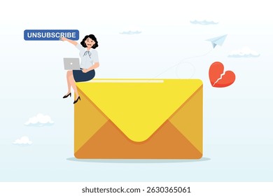 Businesswoman working with computer laptop push unsubscribe button, unsubscribe email exit from mailing list, cancel subscription button, remove or leaving marketing email, delete or rejection concept