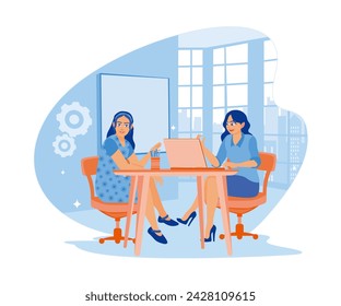 The businesswoman is working at the computer. A team of people sitting at a desk with laptops. flat vector modern illustration 