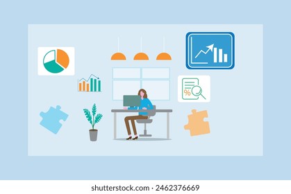 Businesswoman working for data analytics in office with laptop setting on a table and monitoring on web report. Business finance investment design concept.