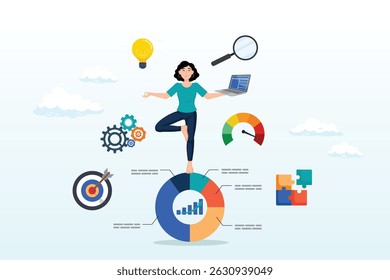 Businesswoman working with data on computer laptop, data analysis, datum analytics or customer insight, graph and chart statistics diagram, forecasting model, predictive or data visualisation concept
