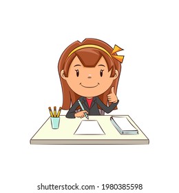 Businesswoman working at desk, happy cute child