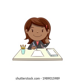 Businesswoman working at desk, happy cute kid
