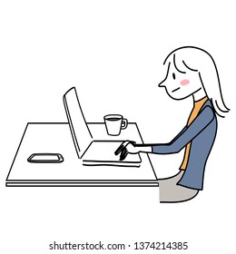 Businesswoman working at desk. Woman sitting at desk, staring at computer screen and typing on keyboard. Happy woman doing work in her cubicle. Cute girl sitting and studying at desk. Doodle vector.