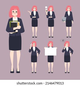 Businesswoman working and difference pose set character. Flat cartoon vector design.