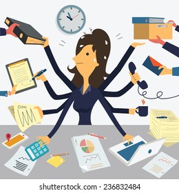 Businesswoman working with eight hands, representing to very busy business concept. 