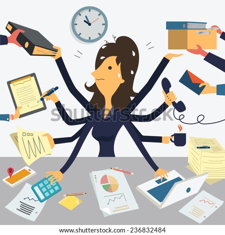 Businesswoman working with eight hands, representing to very busy business concept. 