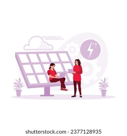 Businesswoman working in front of a laptop using a solar power generator. Eco House concept. Trend Modern vector flat illustration
