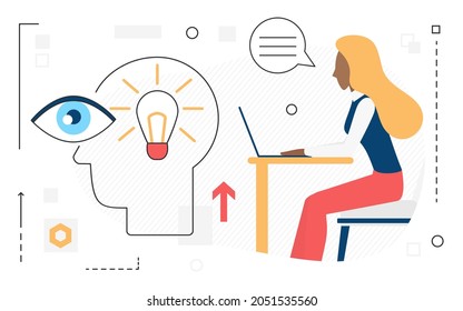 Businesswoman working with laptop, brainstorming on creative business idea startup project vector illustration. Cartoon brainstorm process isolated on white background