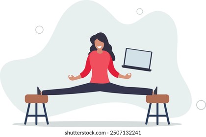 Empresaria que trabaja con la computadora portátil que estira su pierna entre las sillas de equilibrio como yoga. Diseño plano con personas.