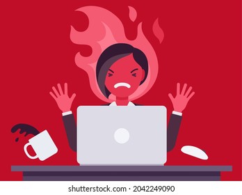 Businesswoman working with laptop flamed in anger. Burnout, office worker losing temper in annoyance, rage, displeasure with work, overworked employee, computer damage or harm. Vector illustration